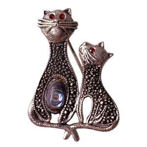 Vintage Ruby Eyed crystal Abalone Marcasite Sterling Silver Cat Brooch 1.5" 6028